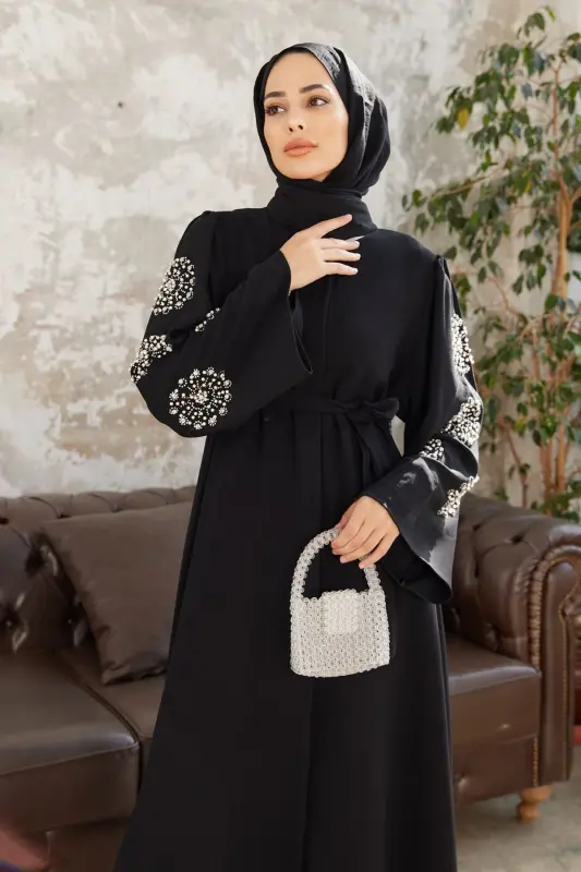 Liva Kolları Taşlı Abaya - Siyah-Siyah - 3