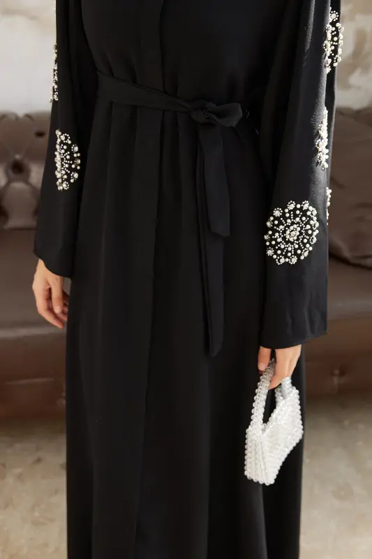 Liva Kolları Taşlı Abaya - Siyah-Siyah - 4