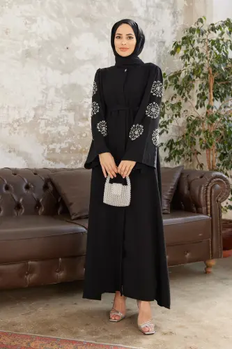 Liva Kolları Taşlı Abaya - Siyah-Siyah - VAVİNOR (1)