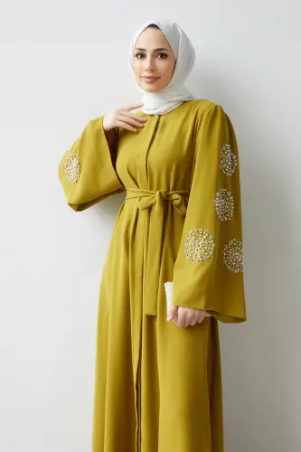 Liva Kolları Taşlı Abaya - Yağ Yeşili-Yağ Yeşili - VAVİNOR (1)