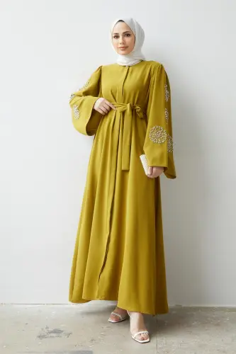 Liva Kolları Taşlı Abaya - Yağ Yeşili - Yağ Yeşili 
