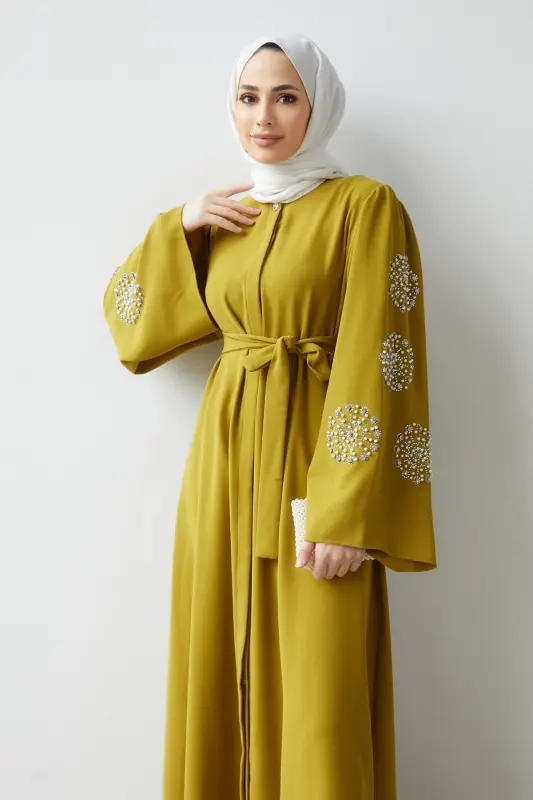 Liva Kolları Taşlı Abaya - Yağ Yeşili - Yağ Yeşili - 2