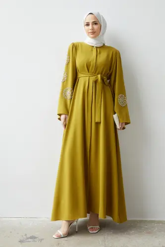 Liva Kolları Taşlı Abaya - Yağ Yeşili - Yağ Yeşili - 3