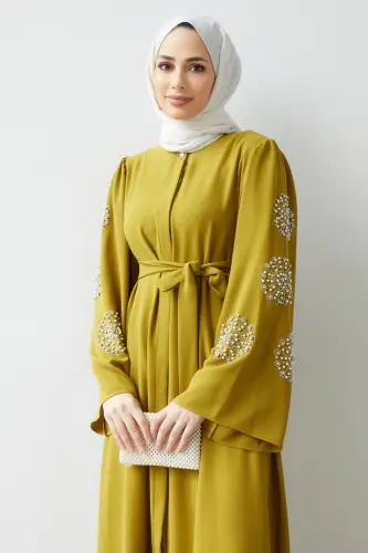 Liva Kolları Taşlı Abaya - Yağ Yeşili - Yağ Yeşili - 4