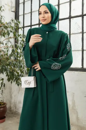 Liva Kolları Taşlı Abaya - Zümrüt-Zümrüt - 3