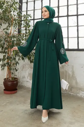 Liva Kolları Taşlı Abaya - Zümrüt-Zümrüt - 4