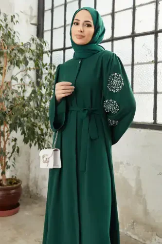 Liva Sleeves Stone Abaya - Emerald-Emerald - 2