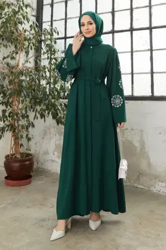 Liva Sleeves Stone Abaya - Emerald-Emerald - 3