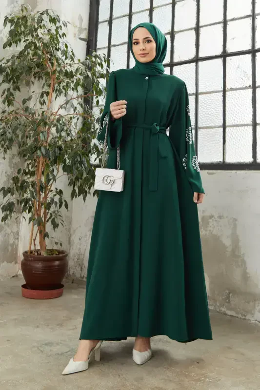 Liva Sleeves Stone Abaya - Emerald-Emerald - 4