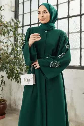 Liva Sleeves Stone Abaya - Emerald-Emerald - 5