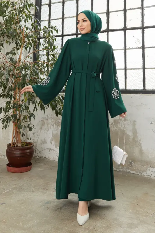 Liva Kolları Taşlı Abaya - Zümrüt-Zümrüt - 4