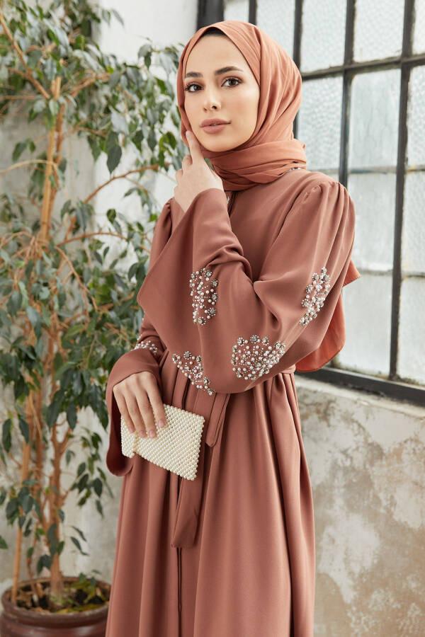 Liva Sleeves Stone Embroidered Abaya - Camel - 4