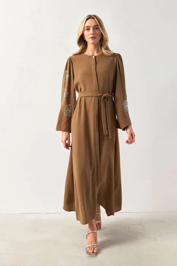 Liva Sleeves Stone Embroidered Abaya - Camel - 1