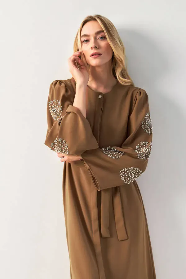 Liva Sleeves Stone Embroidered Abaya - Camel - 2