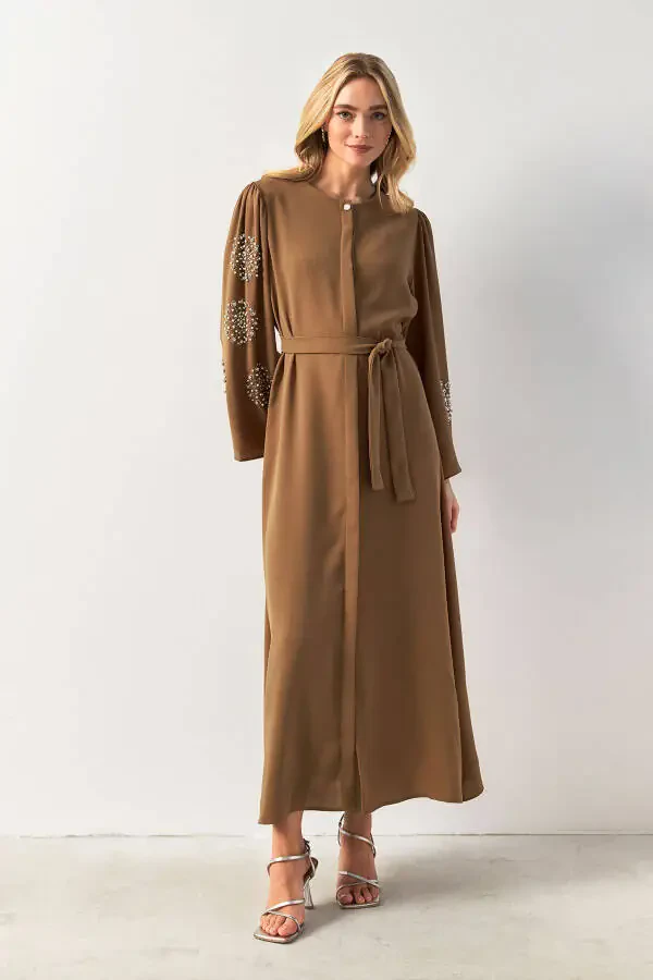Liva Sleeves Stone Embroidered Abaya - Camel - 3