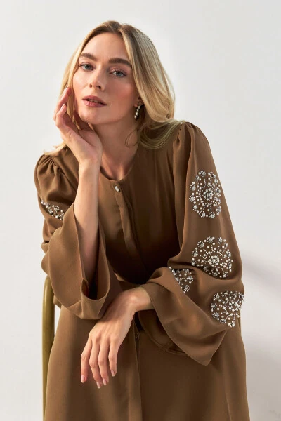 Liva Sleeves Stone Embroidered Abaya - Camel - 4