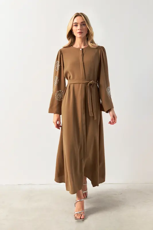 Liva Sleeves Stone Embroidered Abaya - Camel - 1