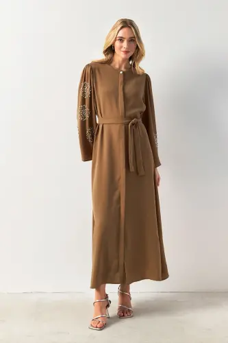 Liva Sleeves Stone Embroidered Abaya - Camel - 3