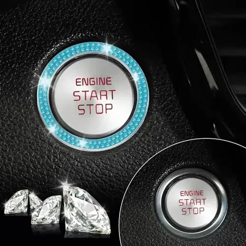 LivTee 2 PCS Crystal Double Rhinestone Car Engine Start Stop Decoration Ring, Bling Car Interior Accessories for Women, Push to Start Button Cover Sticker, Automotive Decals, Cyan - 5