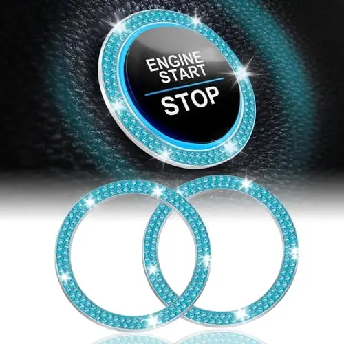 LivTee 2 PCS Crystal Double Rhinestone Car Engine Start Stop Decoration Ring, Bling Car Interior Accessories for Women, Push to Start Button Cover Sticker, Automotive Decals, Cyan - 1