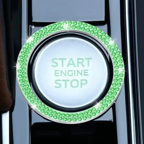 LivTee 2 PCS Crystal Double Rhinestone Car Engine Start Stop Decoration Ring, Bling Car Interior Accessories for Women, Push to Start Button Cover Sticker, Automotive Decals, Light Green - 2