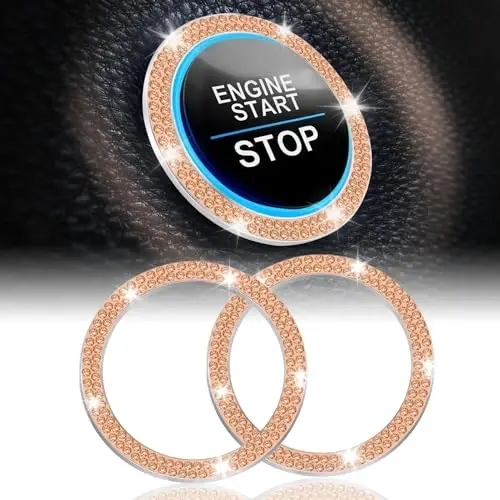 LivTee 2 PCS Crystal Double Rhinestone Car Engine Start Stop Decoration Ring, Bling Car Interior Accessories for Women, Push to Start Button Cover Sticker, Automotive Decals, Gold 