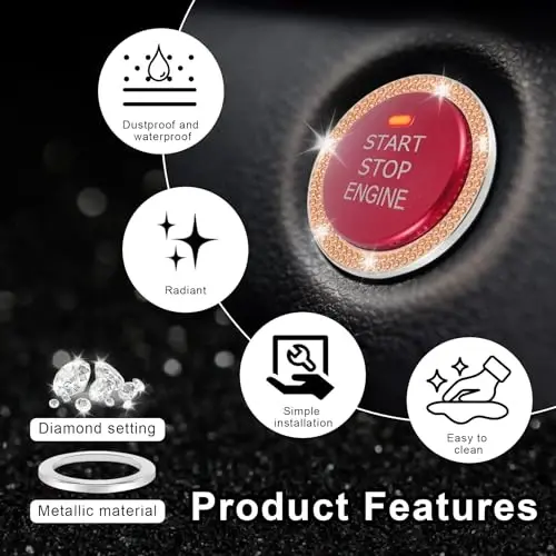LivTee 2 PCS Crystal Double Rhinestone Car Engine Start Stop Decoration Ring, Bling Car Interior Accessories for Women, Push to Start Button Cover Sticker, Automotive Decals, Gold - 4