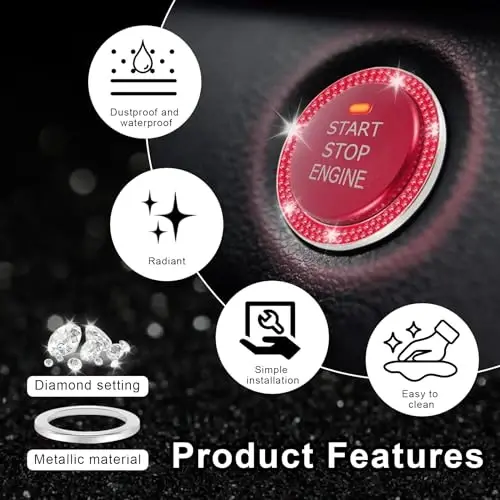 LivTee 2 PCS Crystal Double Rhinestone Car Engine Start Stop Decoration Ring, Bling Car Interior Accessories for Women, Push to Start Button Cover Sticker, Automotive Decals, Red - 4