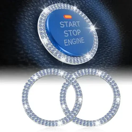 LivTee 2 PCS Crystal Double Rhinestone Car Engine Start Stop Decoration Ring, Bling Car Interior Accessories for Women, Push to Start Button Cover Sticker, Automotive Decals, Light Blue 