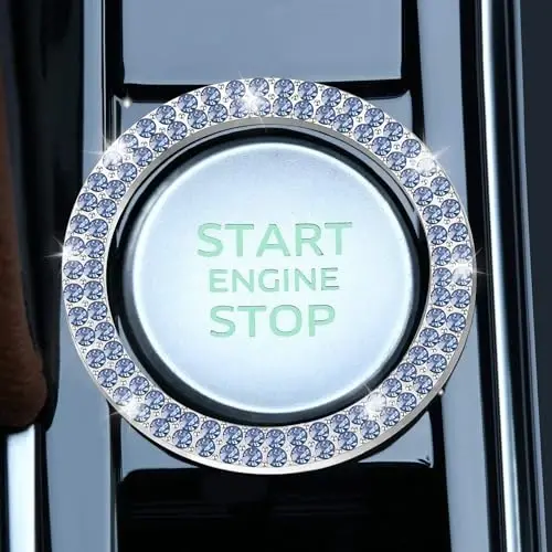 LivTee 2 PCS Crystal Double Rhinestone Car Engine Start Stop Decoration Ring, Bling Car Interior Accessories for Women, Push to Start Button Cover Sticker, Automotive Decals, Light Blue - 2