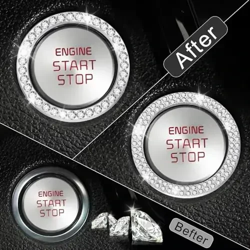 LivTee 2 PCS Crystal Combinatorial Rhinestone Engine Start Decoration Ring, Push to Start Button Cover, White - 6