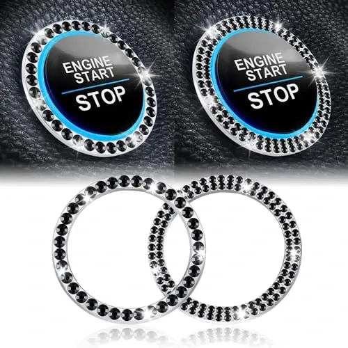 LivTee 2 PCS Crystal Combinatorial Rhinestone Car Engine Start Decoration Ring, Push to Start Button Cover Sticker, Bling Car Interior Accessories for Women, Automotive Decals, Black - 1
