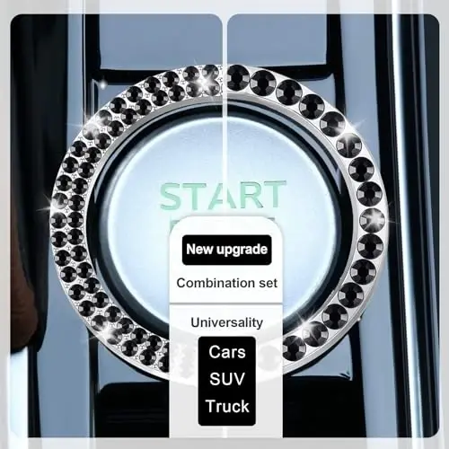 LivTee 2 PCS Crystal Combinatorial Rhinestone Car Engine Start Decoration Ring, Push to Start Button Cover Sticker, Bling Car Interior Accessories for Women, Automotive Decals, Black - 2