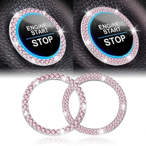 LivTee 2 PCS Crystal Combinatorial Rhinestone Car Engine Start Decoration Ring, Push to Start Button Cover Sticker, Bling Car Interior Accessories for Women, Automotive Decals, Pink - 1