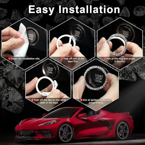 LivTee 2 ADET Kristal Rhinestone Araba Motoru Start Stop Dekorasyon Halkası, Kadınlar için Bling Araba İç Aksesuarları, Başlat Düğmesine Basma Kapak Etiketi, Otomotiv Çıkartmaları, Siyah - LIVTEE