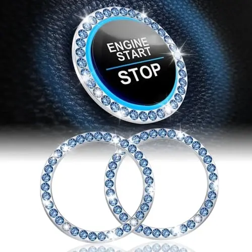 LivTee 2 PCS Crystal Rhinestone Car Engine Start Stop Decoration Ring, Bling Car Interior Accessories for Women, Push to Start Button Cover Sticker, Automotive Decals, Blue - 1