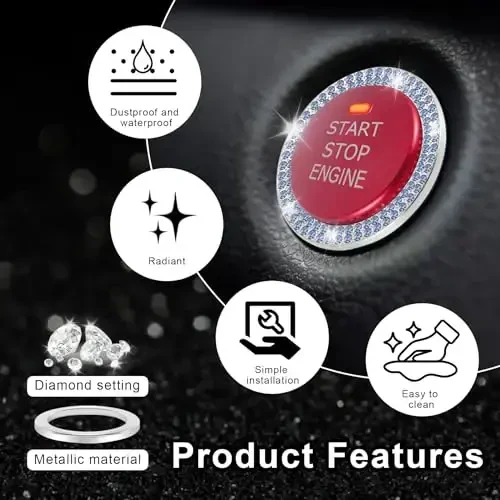 LivTee 2 dona billur qo'shaloq rinstonesli avtomobil dvigatelini ishga tushirish to'xtatish bezak halqasi, ayollar uchun Bling avtomobil ichki aksessuarlari, ishga tushirish tugmasi qopqog'i stikeri, avtomobil stikerlari, och ko'k - 5