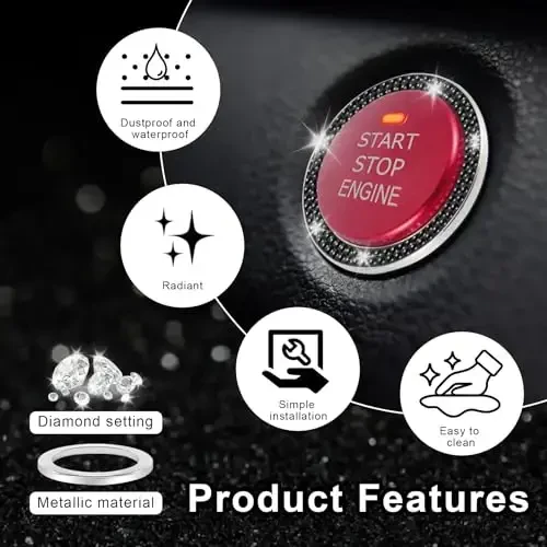 LivTee 2 PCS Crystal Double Rhinestone Car Engine Start Stop Decoration Ring, Bling Car Interior Accessories for Women, Push to Start Button Cover Sticker, Automotive Decals, Black - 3