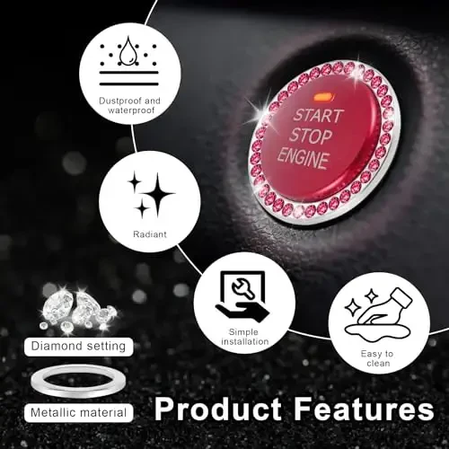 LivTee 2 PCS Crystal Combinatorial Rhinestone Car Engine Start Decoration Ring, Push to Start Button Cover Sticker, Bling Car Interior Accessories for Women, Automotive Decals, Red - 5