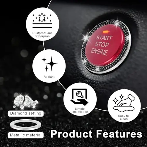 LivTee 2 PCS Crystal Double Rhinestone Car Engine Start Stop Decoration Ring, Bling Car Interior Accessories for Women, Push to Start Button Cover Sticker, Automotive Decals, Black - 3