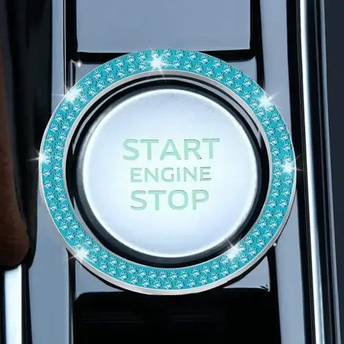 LivTee 2 PCS Crystal Double Rhinestone Car Engine Start Stop Decoration Ring, Bling Car Interior Accessories for Women, Push to Start Button Cover Sticker, Automotive Decals, Cyan - LIVTEE (1)