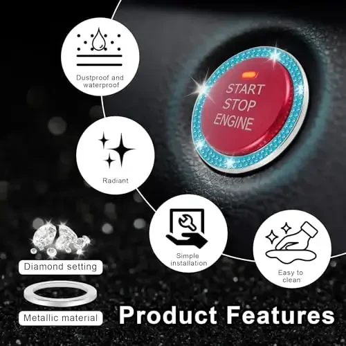 LivTee 2 PCS Crystal Double Rhinestone Car Engine Start Stop Decoration Ring, Bling Car Interior Accessories for Women, Push to Start Button Cover Sticker, Automotive Decals, Cyan - 4