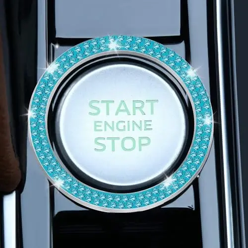 LivTee 2 PCS Crystal Double Rhinestone Car Engine Start Stop Decoration Ring, Bling Car Interior Accessories for Women, Push to Start Button Cover Sticker, Automotive Decals, Cyan - 2