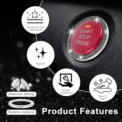 LivTee 2 PCS Crystal Double Rhinestone Car Engine Start Stop Decoration Ring, Bling Car Interior Accessories for Women, Push to Start Button Cover Sticker, Automotive Decals, Glossy Black - 4