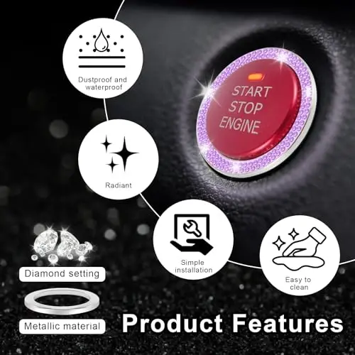 LivTee 2 PCS Crystal Double Rhinestone Car Engine Start Stop Decoration Ring, Bling Car Interior Accessories for Women, Push to Start Button Cover Sticker, Automotive Decals, Purple - 4