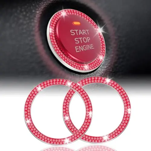 LivTee 2 PCS Crystal Double Rhinestone Car Engine Start Stop Decoration Ring, Bling Car Interior Accessories for Women, Push to Start Button Cover Sticker, Automotive Decals, Red - LIVTEE