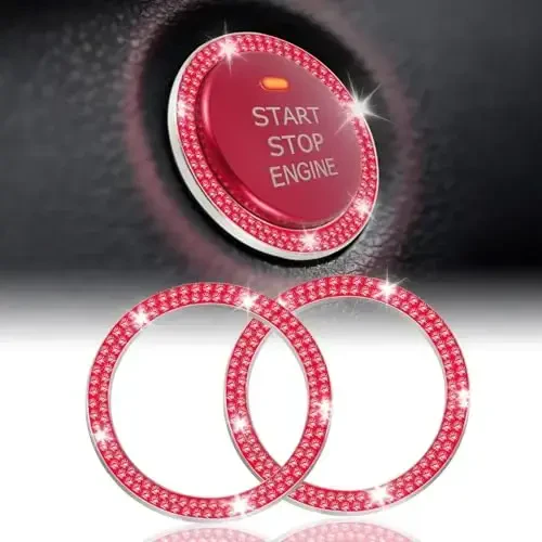 LivTee 2 PCS Crystal Double Rhinestone Car Engine Start Stop Decoration Ring, Bling Car Interior Accessories for Women, Push to Start Button Cover Sticker, Automotive Decals, Red - 1