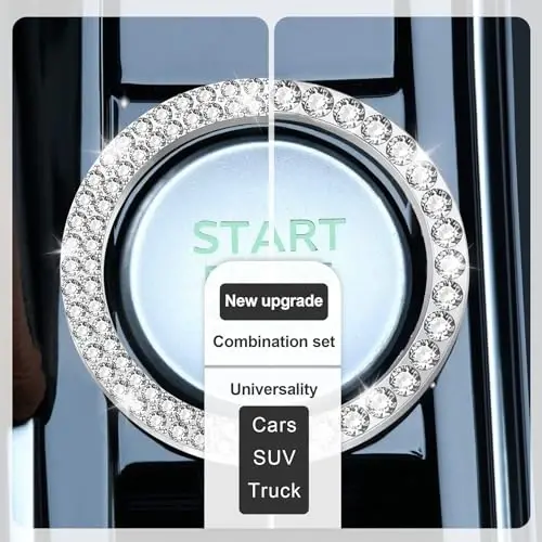 LivTee 2 PCS Crystal Kombinatsiyal Rhinestone Engine Start Dekoratsiya Uzuk, Push to Start Tugmasi Qopqog'i, Oq - 2