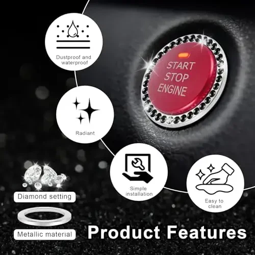 LivTee 2 PCS Crystal Rhinestone Car Engine Start Stop Bezak halqasi, ayollar uchun Bling Car ichki bezaklari, Start tugmachasi uchun stiker, Avtomobil dekolmanlari, Qora - 4