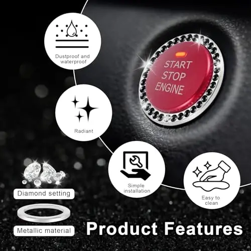 LivTee 2 PCS Crystal Rhinestone Car Engine Start Stop Bezak halqasi, ayollar uchun Bling Car ichki bezaklari, Start tugmachasi uchun stiker, Avtomobil dekolmanlari, Qora - 5